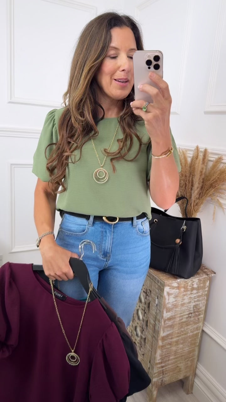 🖤Pre Order🖤 Shelly Khaki Balloon Sleeve Top with Necklace