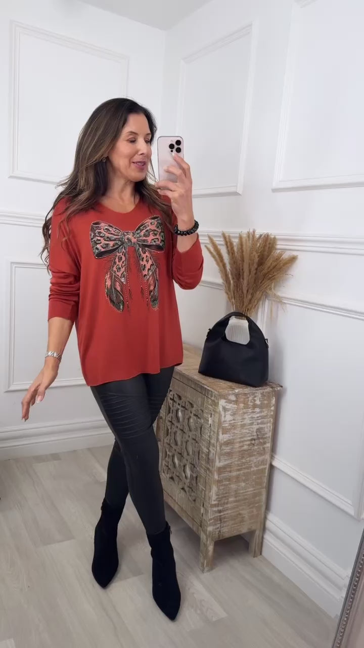 Barbara Rust Leopard Bow Design Knit