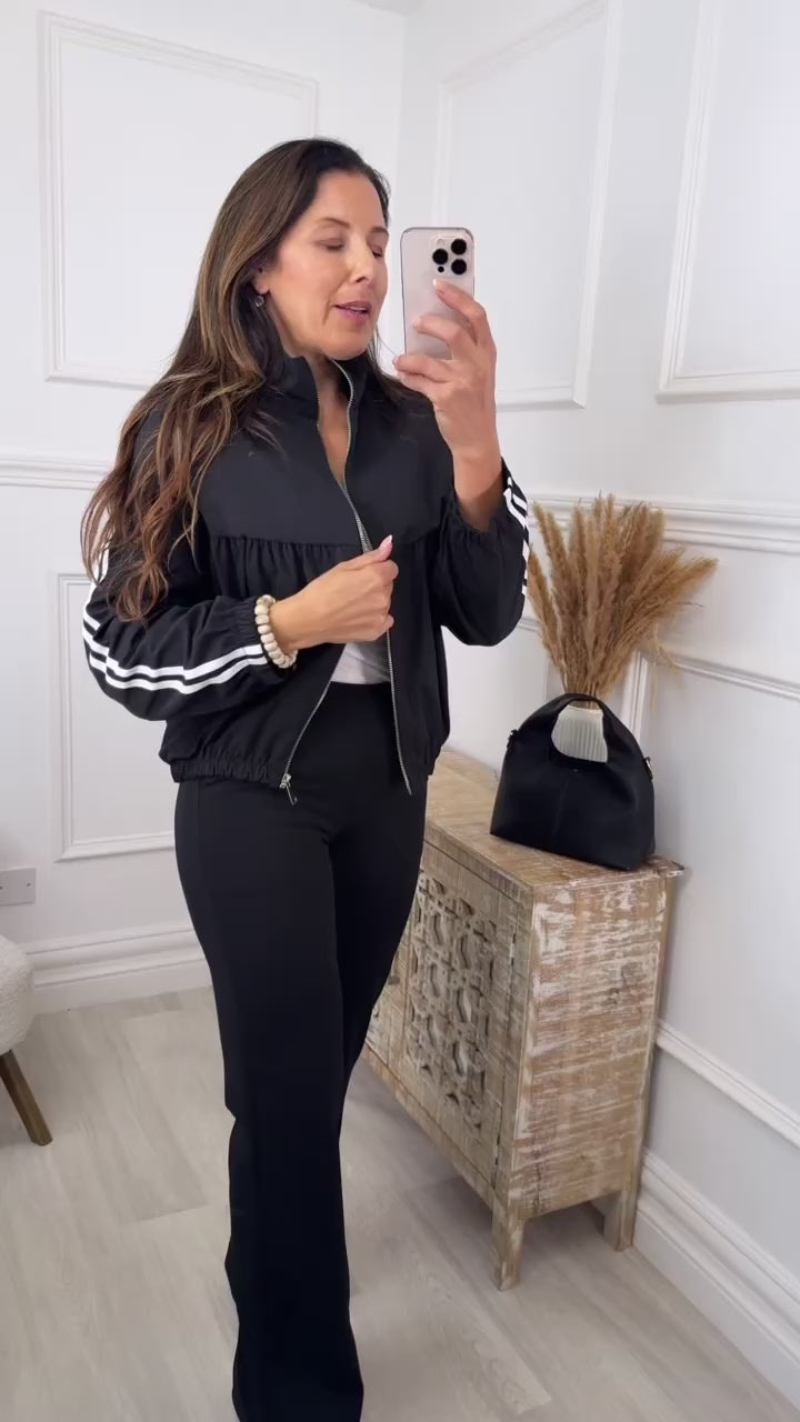 Aine Black High Neck Striped Sleeve Jacket