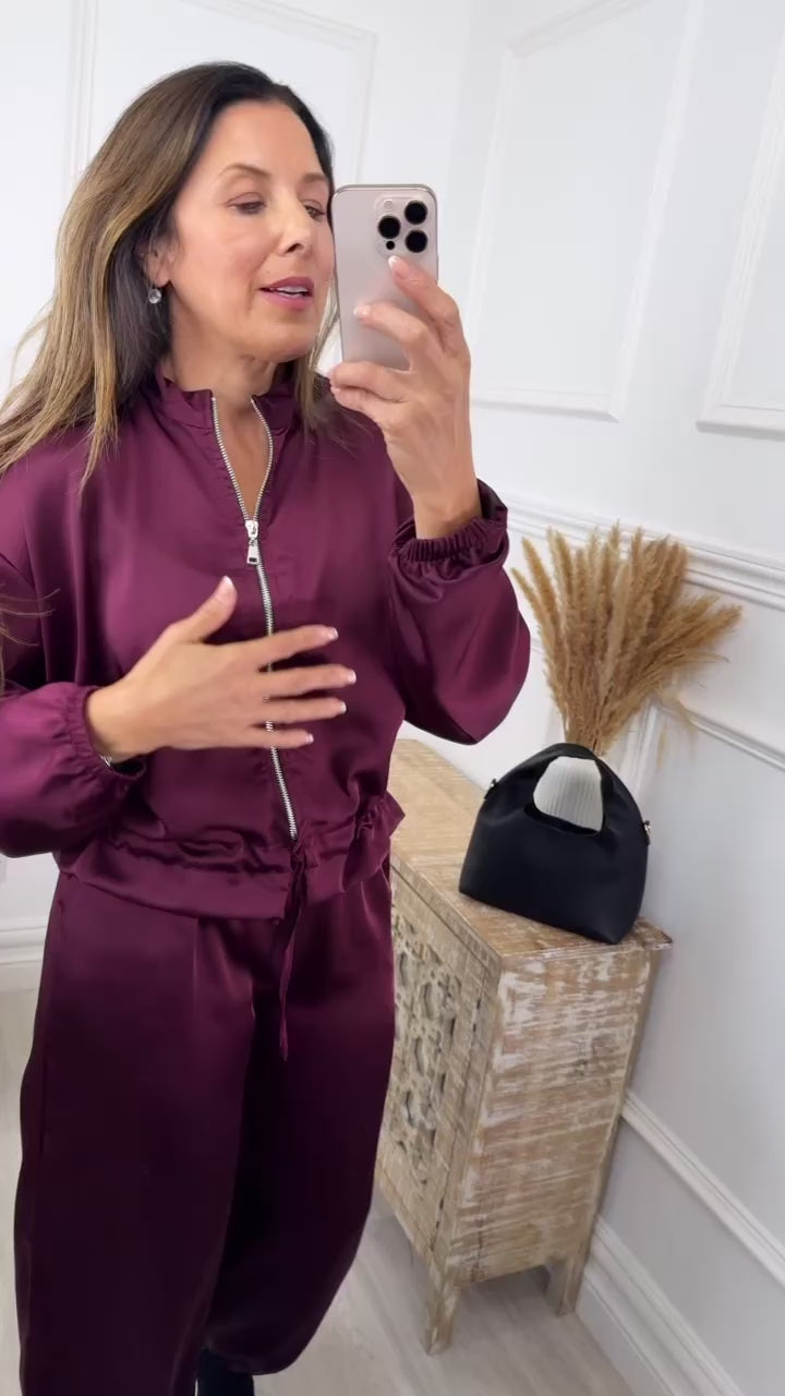 Trina Wine Satin Zip Bomber
