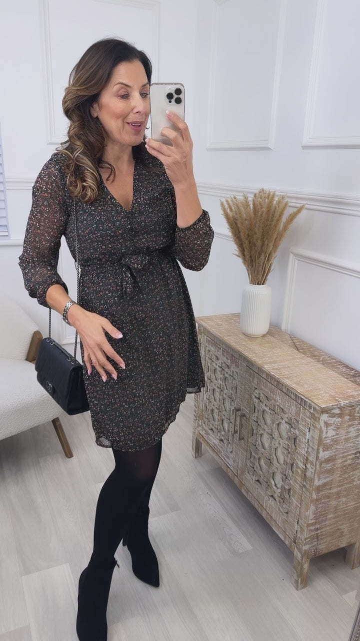 Cera Black Ditsy Print Mini Dress