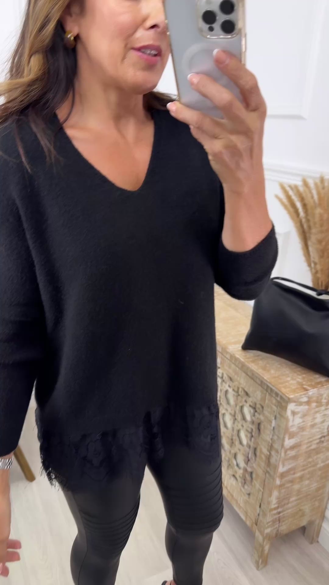 Iris Black V Neck Lace Trim Knit