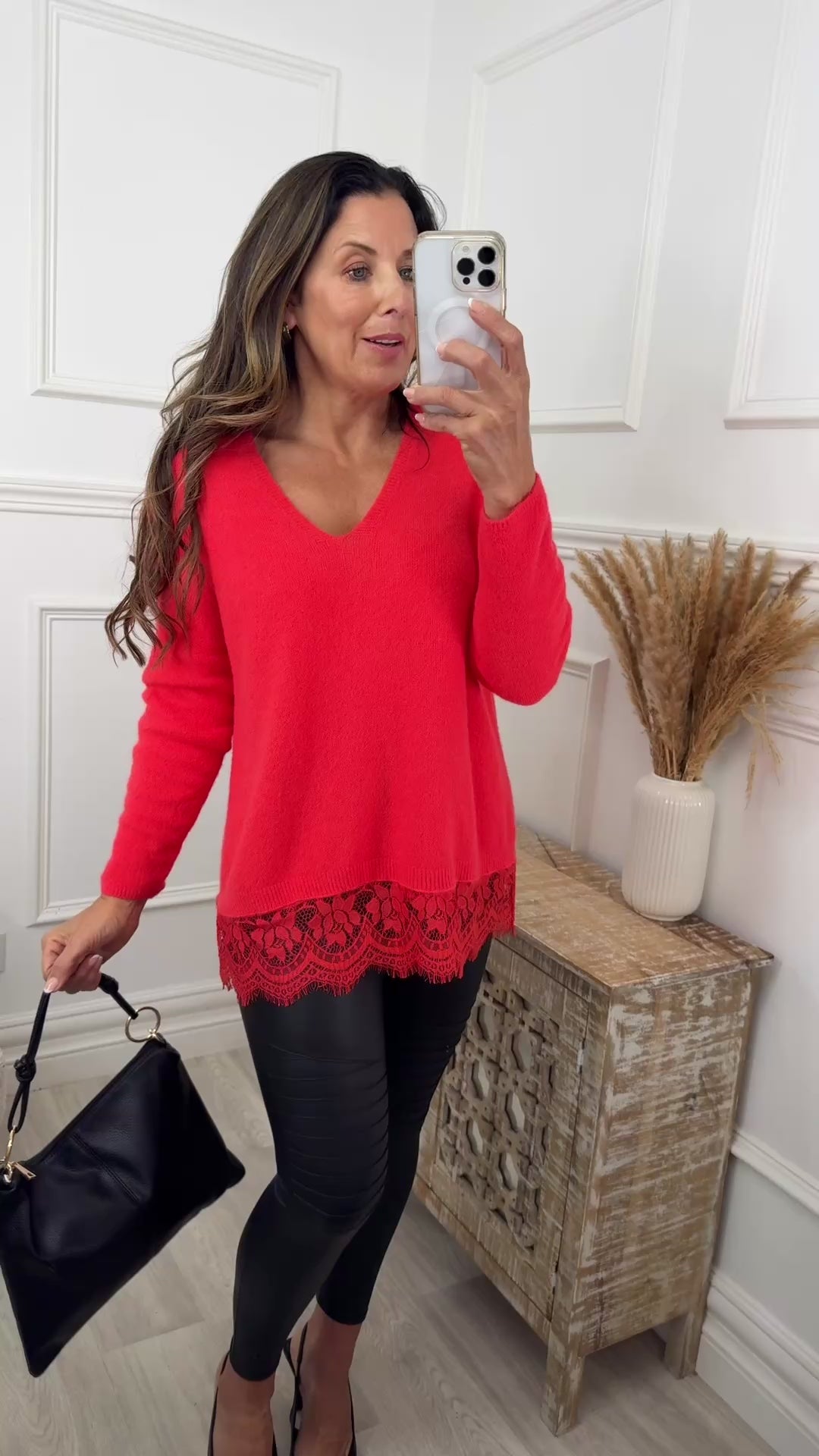 Iris Coral Red V Neck Lace Trim Knit