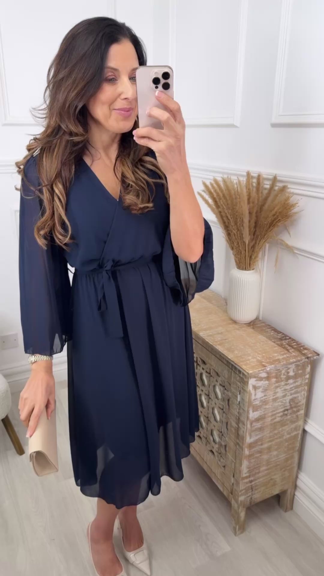 Cher Navy Pleated Sleeve Wrap Dress