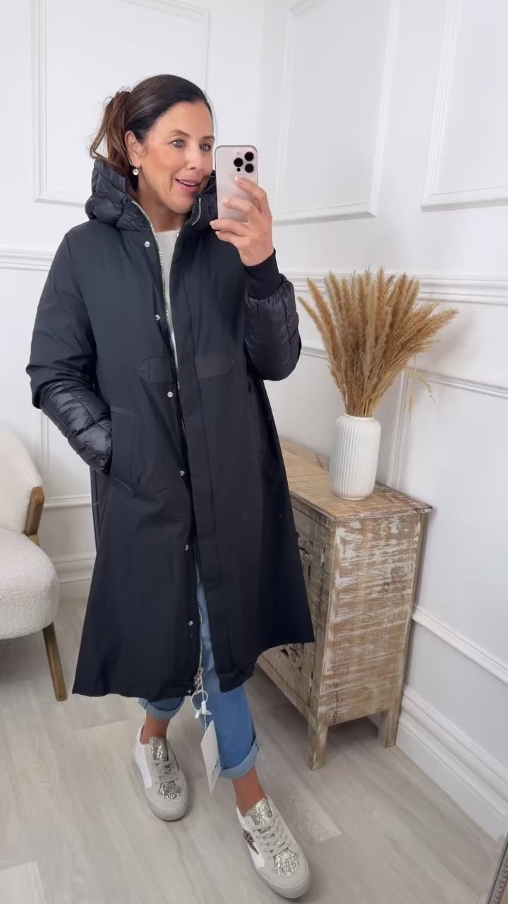 Paloma Black Mid Length Quilted Sleeve Coat