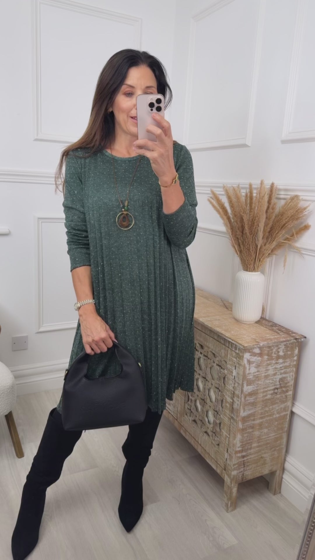 Thomasina Khaki Pleated Knit Dress