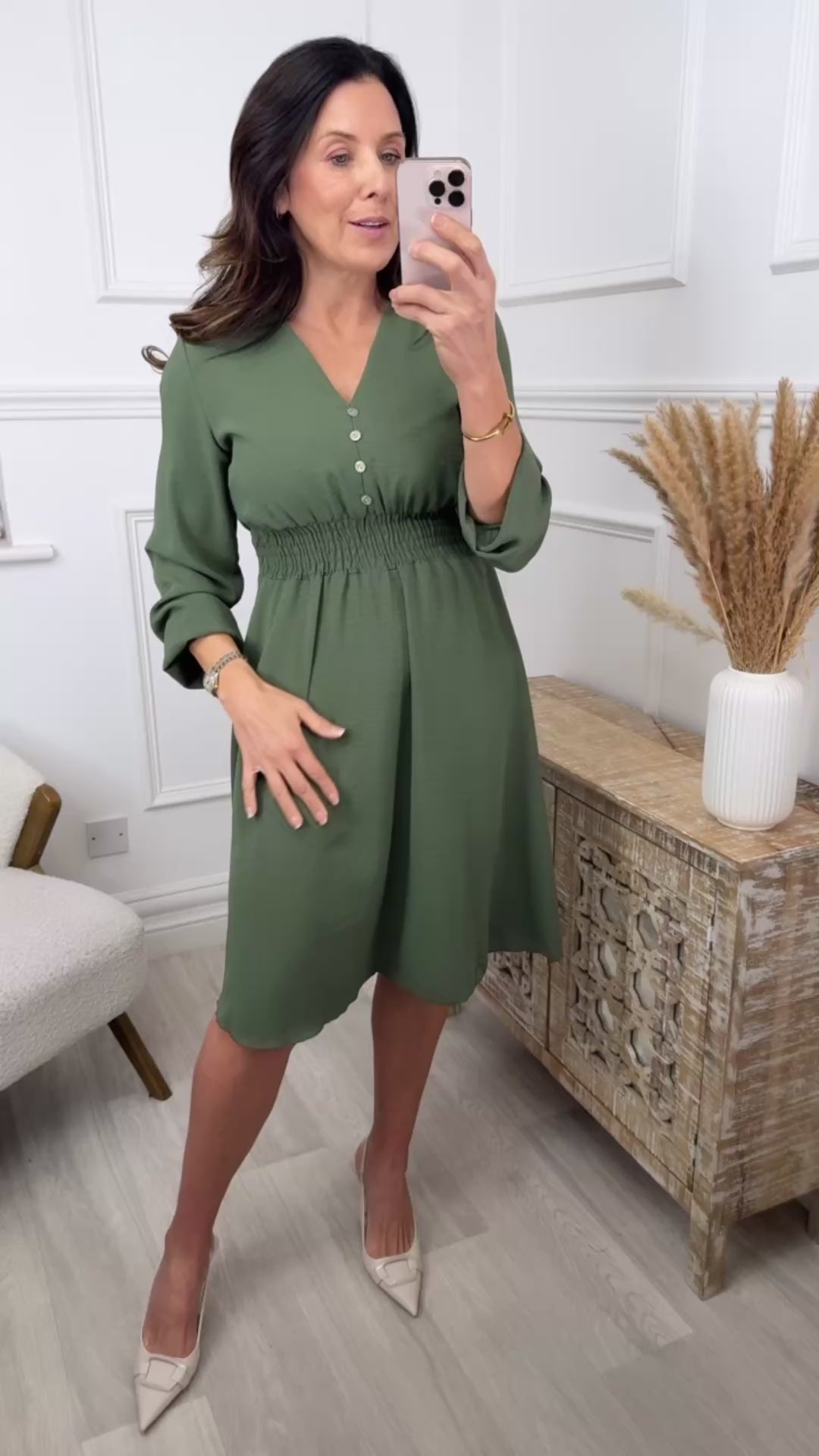 Melinda Khaki Shirred Waist Dress