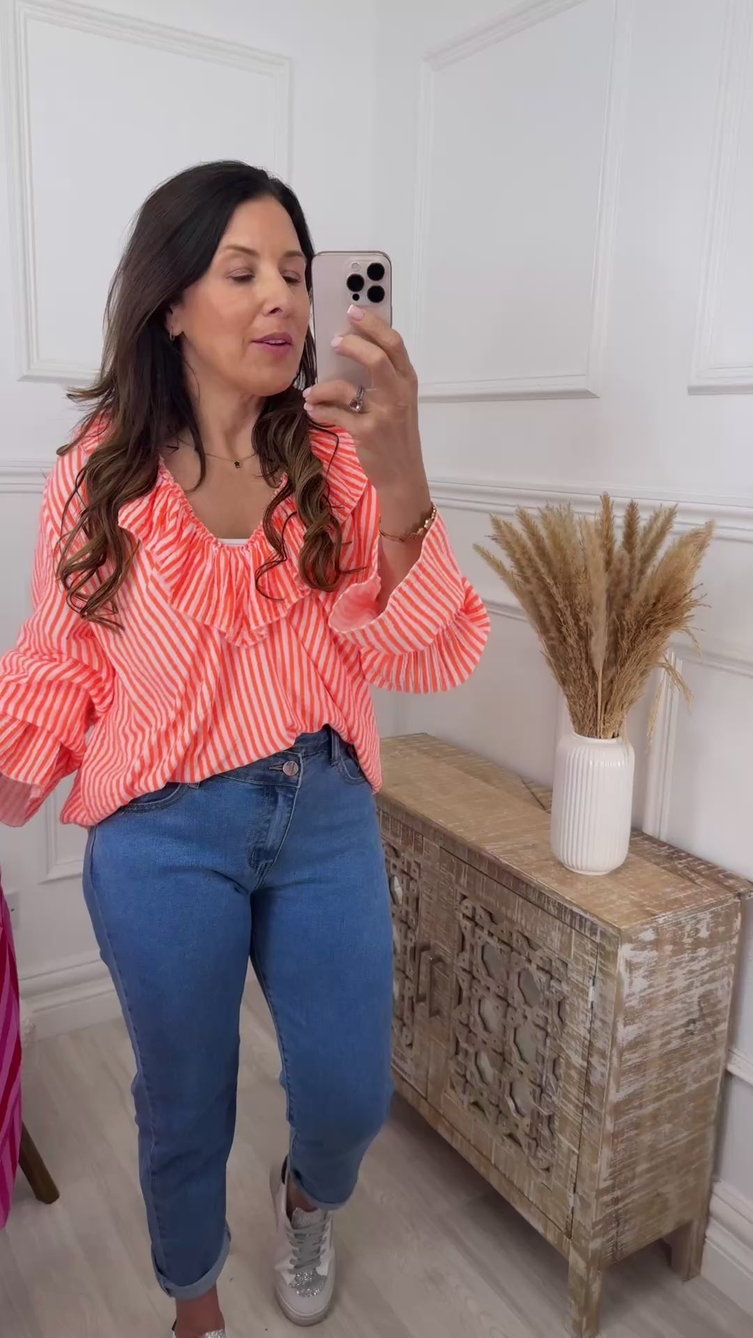Treasa Orange Stripe Ruffle Neck Top