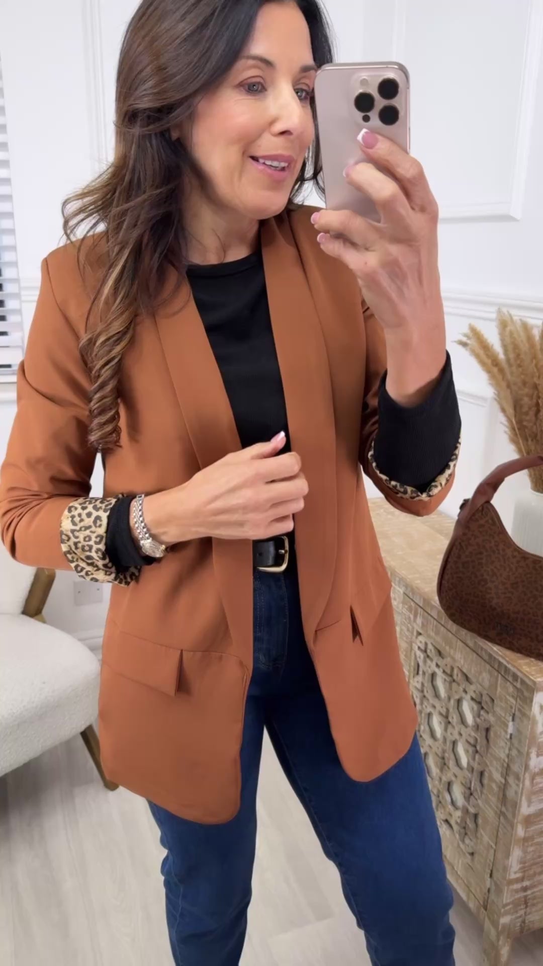 Roberta Dark Camel Leopard Lined Blazer