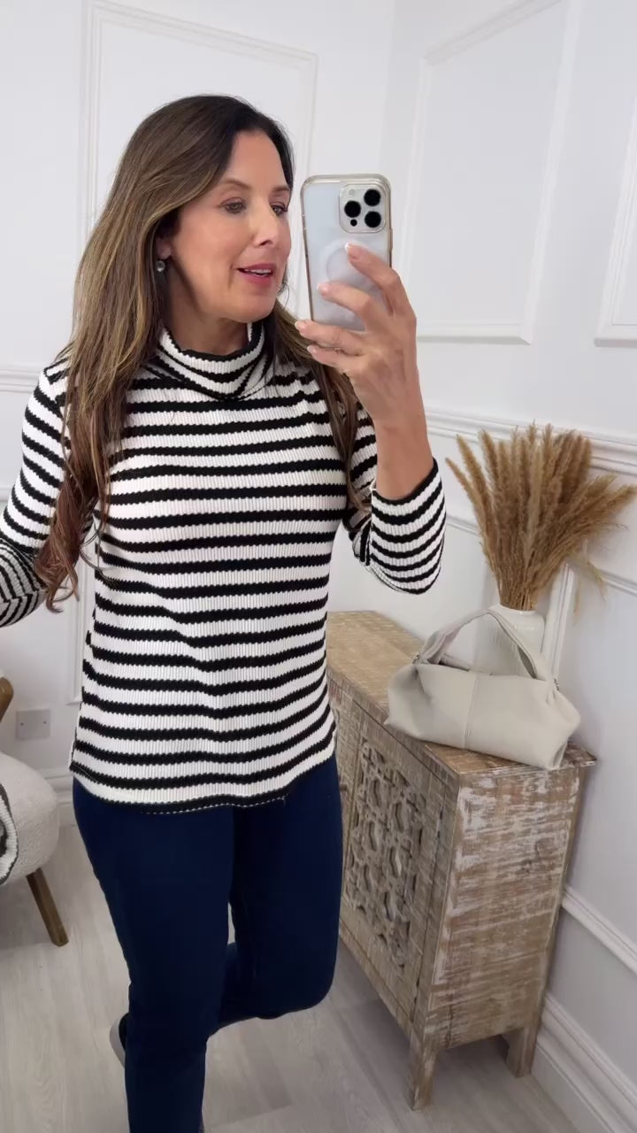 Saskia Black Striped Roll Neck Top