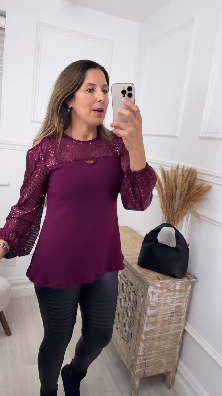 Teresa Wine Sequin Cold Shoulder Top