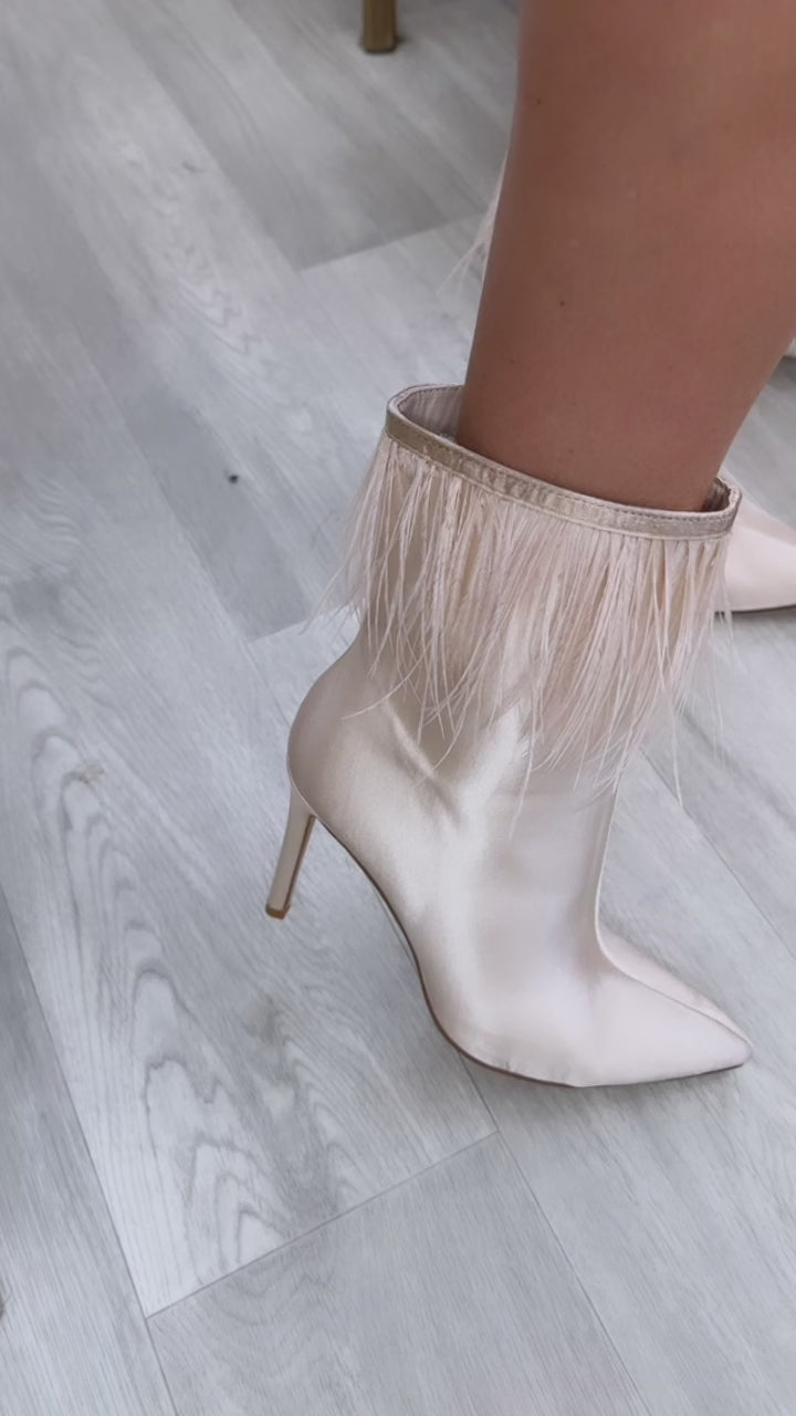 Pamela Beige Feather Trim Ankle Boots