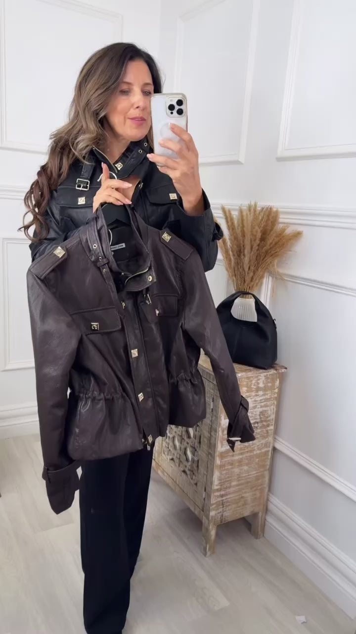 Sloane Black Pleather Jacket with Gold Buttons