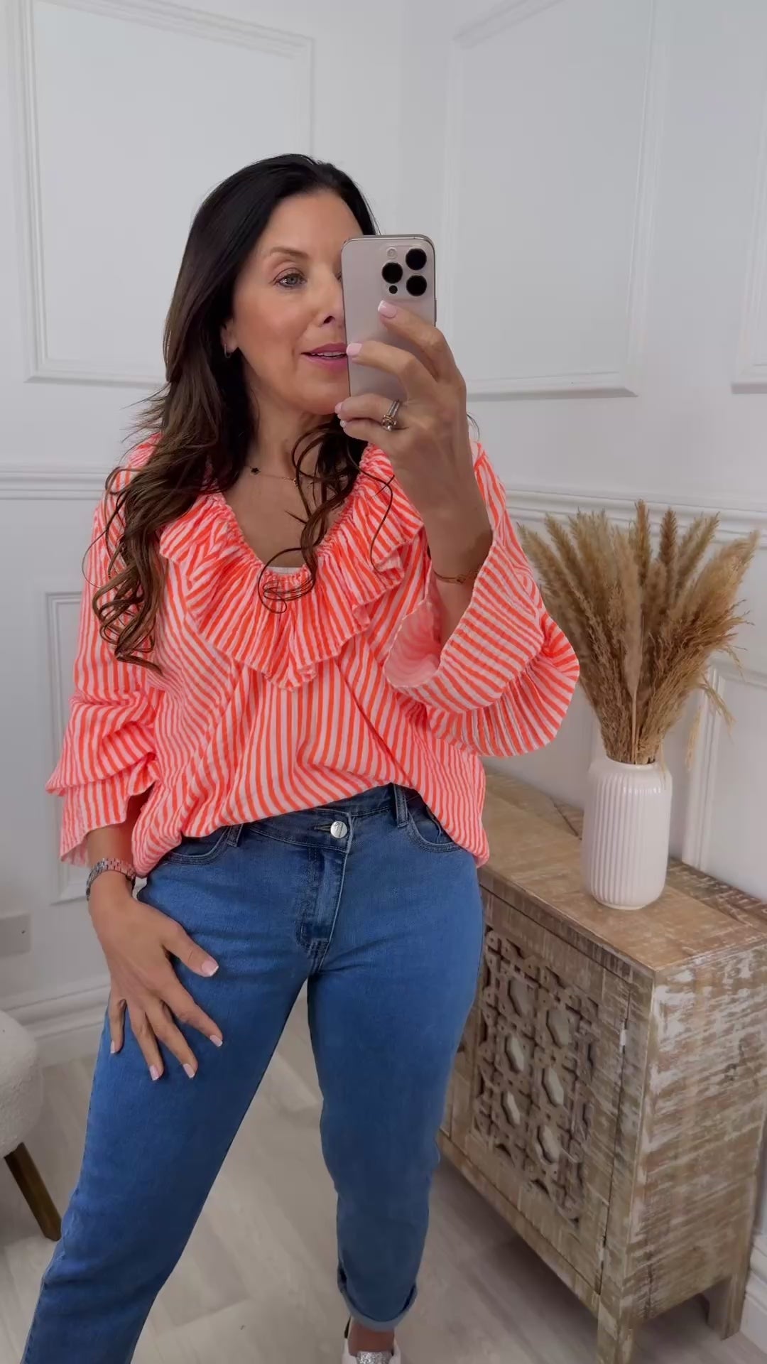Treasa Orange Stripe Ruffle Neck Top