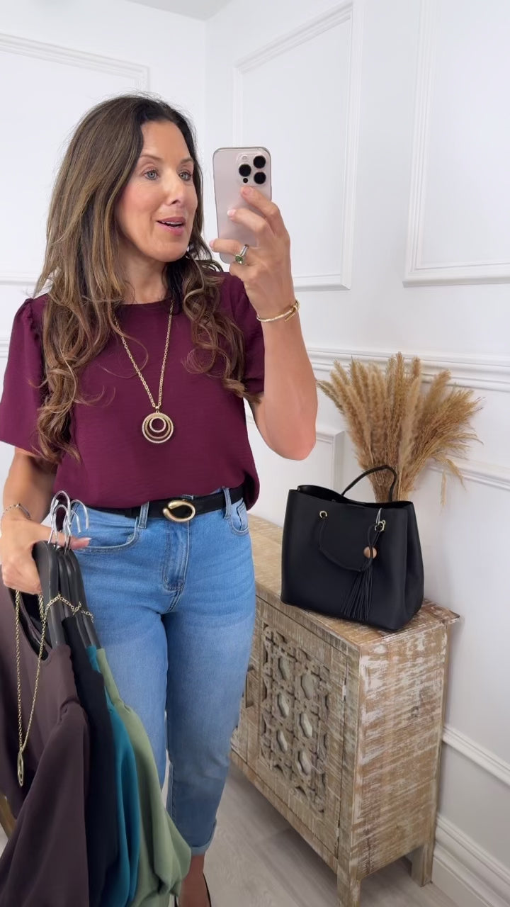 Shelly Wine Balloon Sleeve Top with Necklace