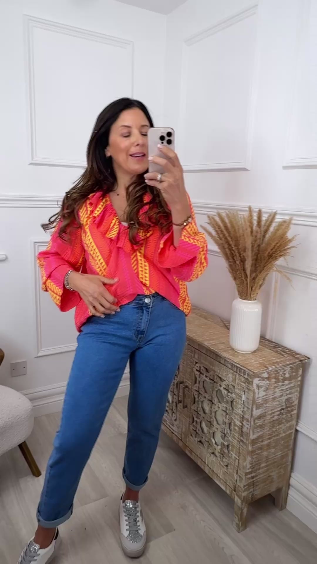 Treasa Pink And Orange Stripe Ruffle Neck Top