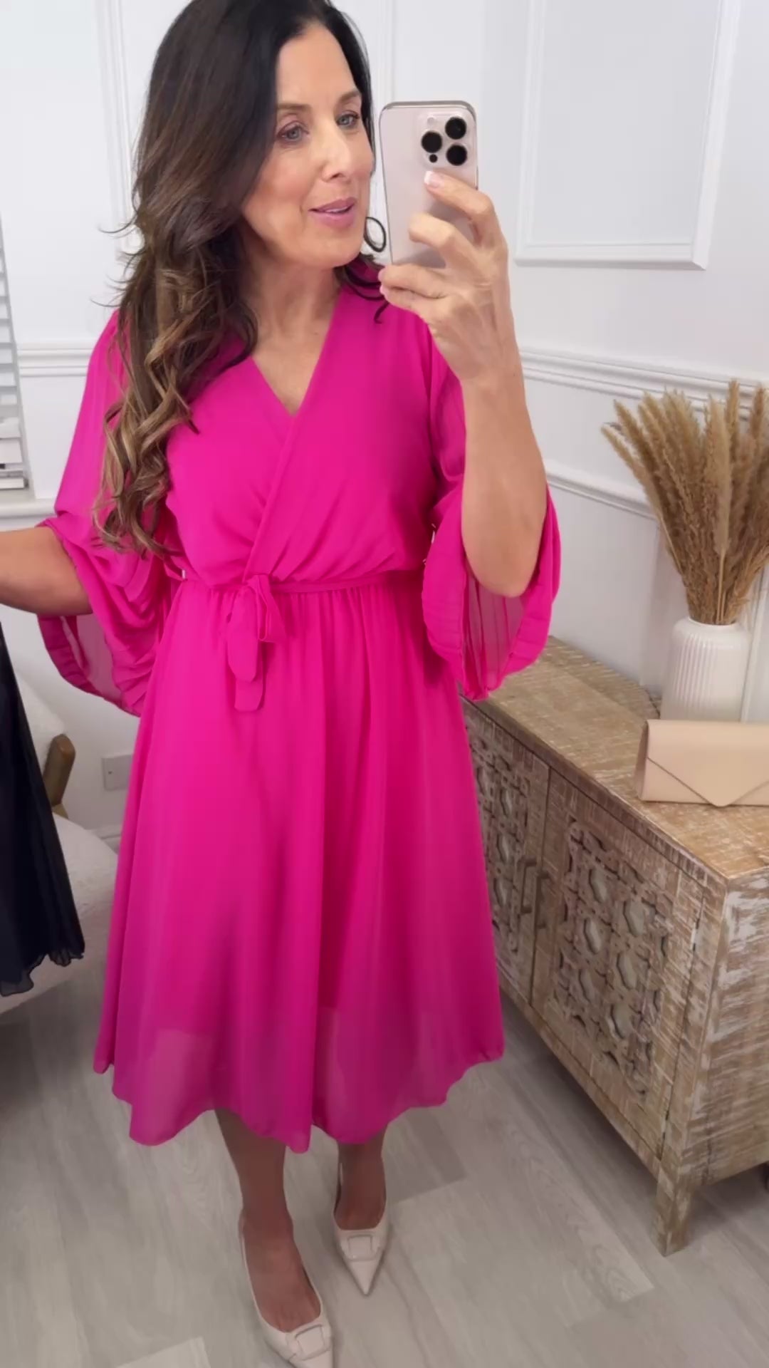 Cher Fuchsia Pleated Sleeve Wrap Dress
