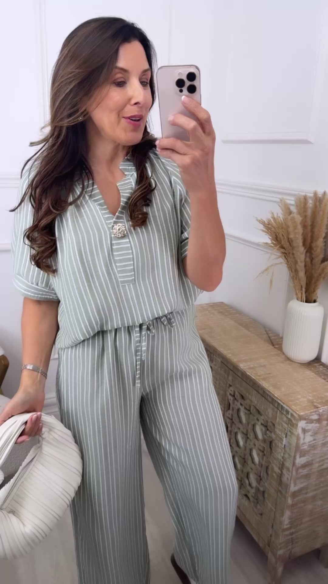Serena Khaki Top And Pants Striped Set