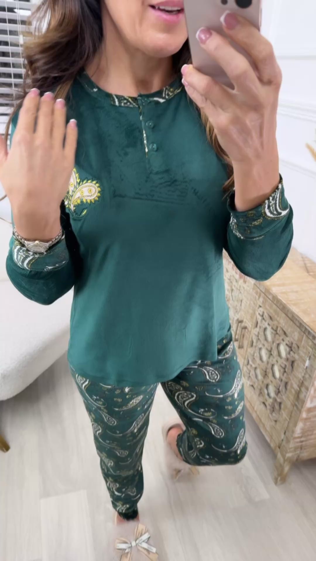Bristol Green Paisley Print Velour Pajama