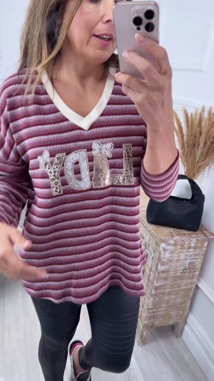 Violetta Wine Striped V Neck Top