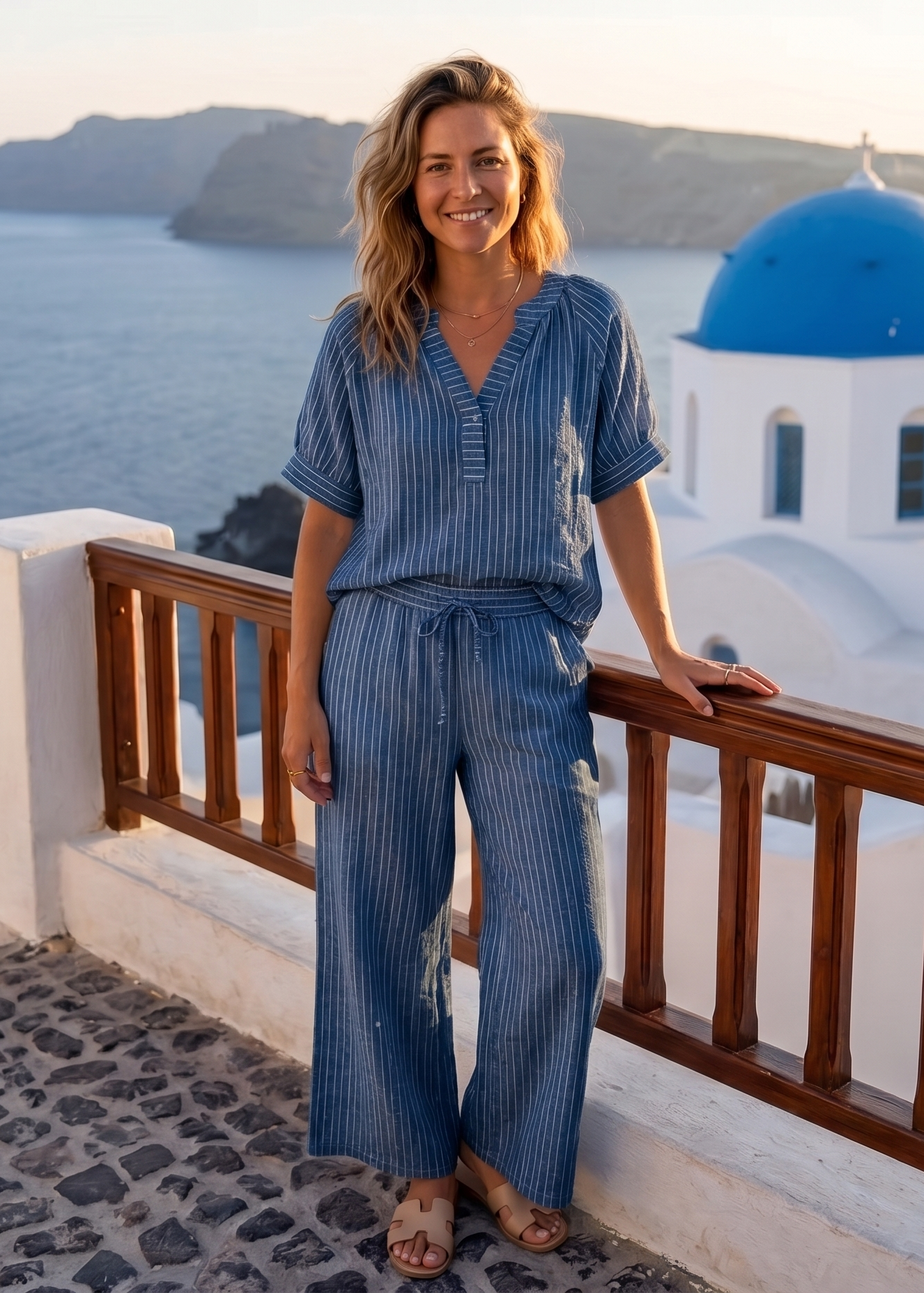 Serena Blue Top And Pants Striped Set