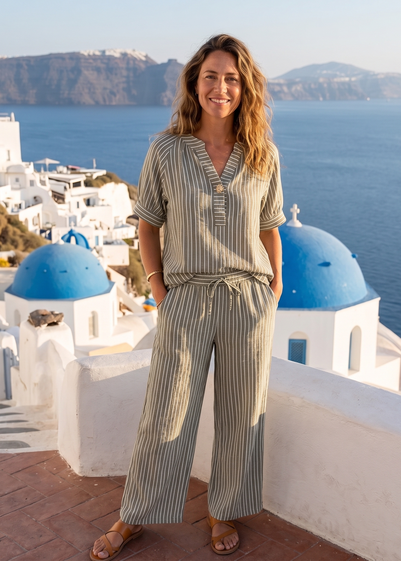 Serena Khaki Top And Pants Striped Set