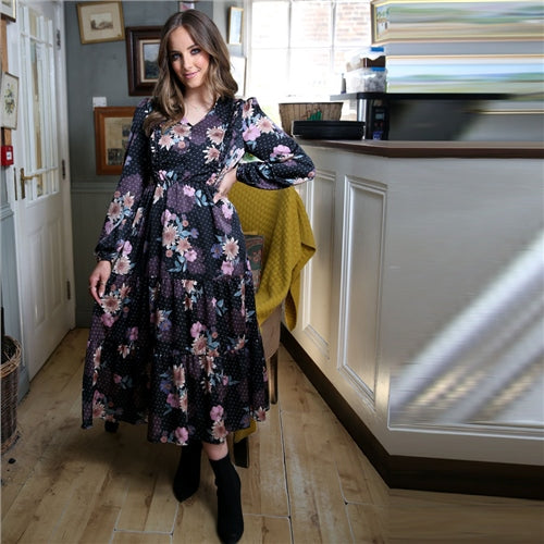 Cathy Black Floral Print Midi Dress