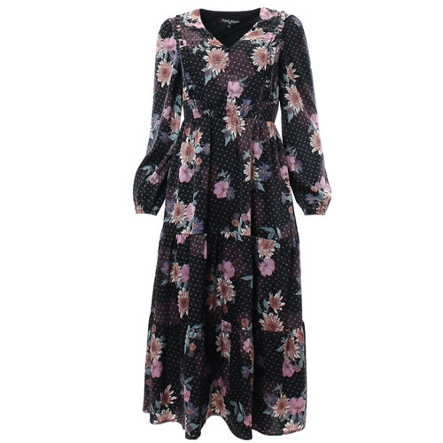 Cathy Black Floral Print Midi Dress