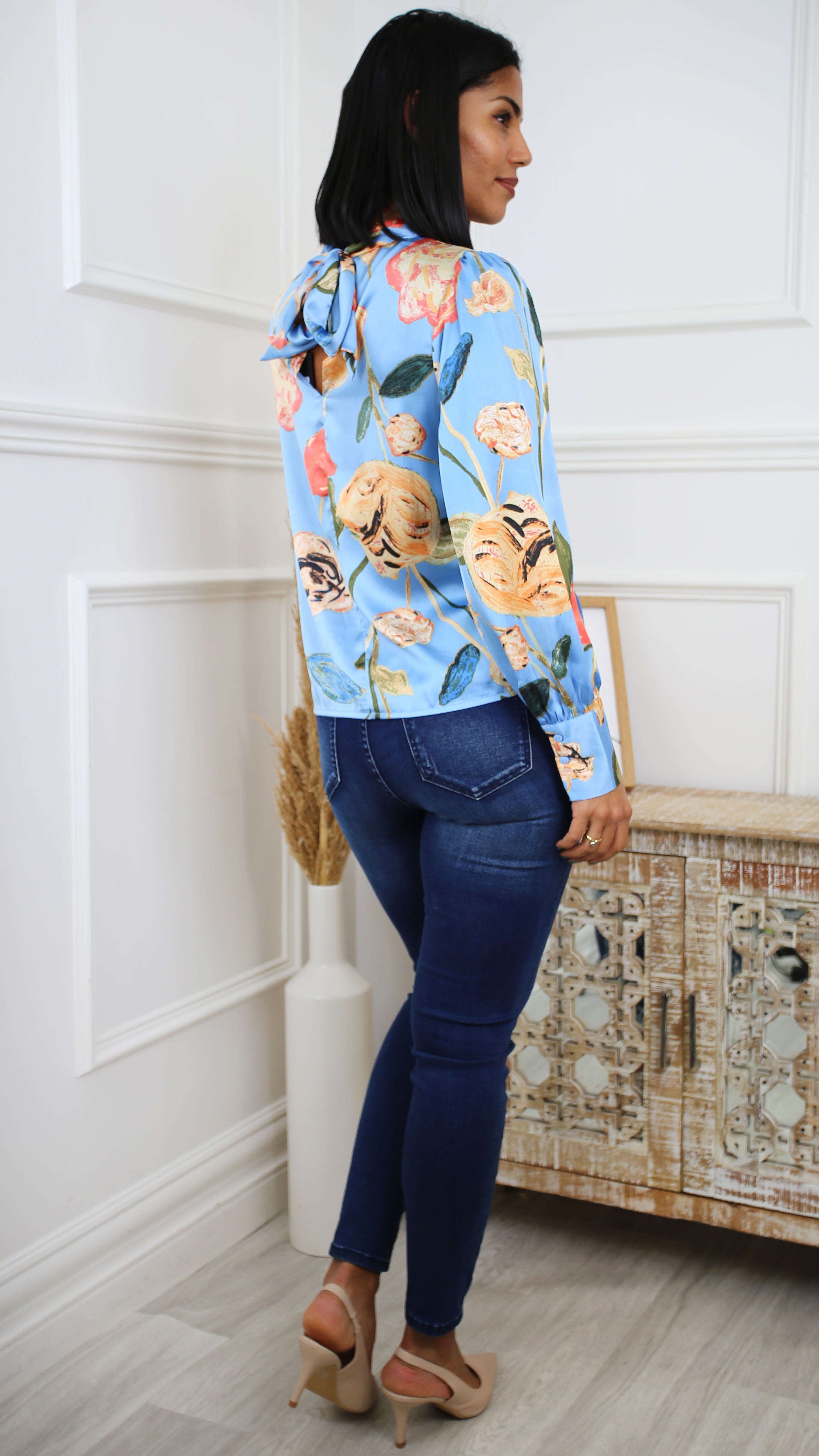 Renee Floral Blue Bow Tie Blouse