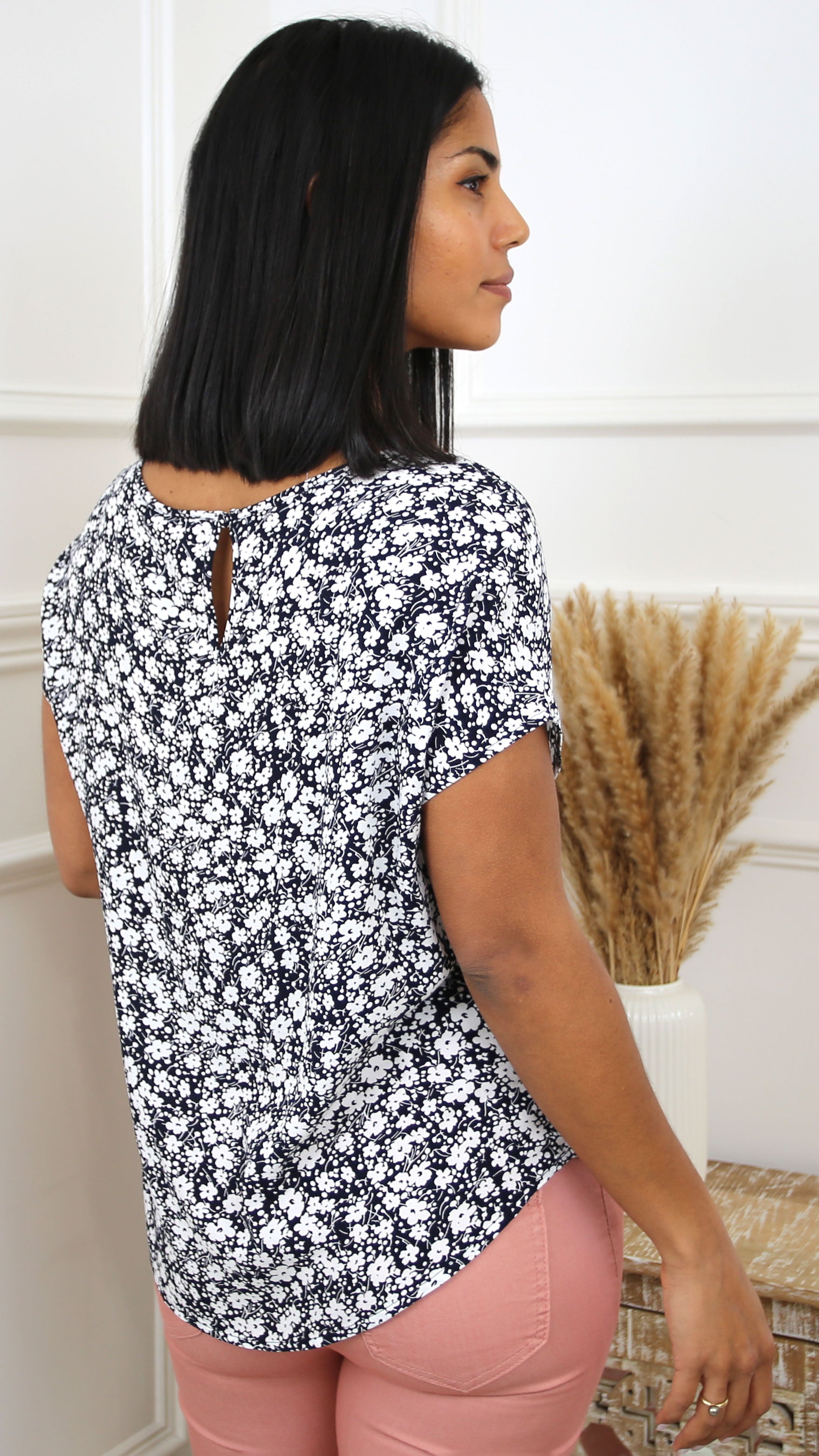 Farina Navy Floral Print Top