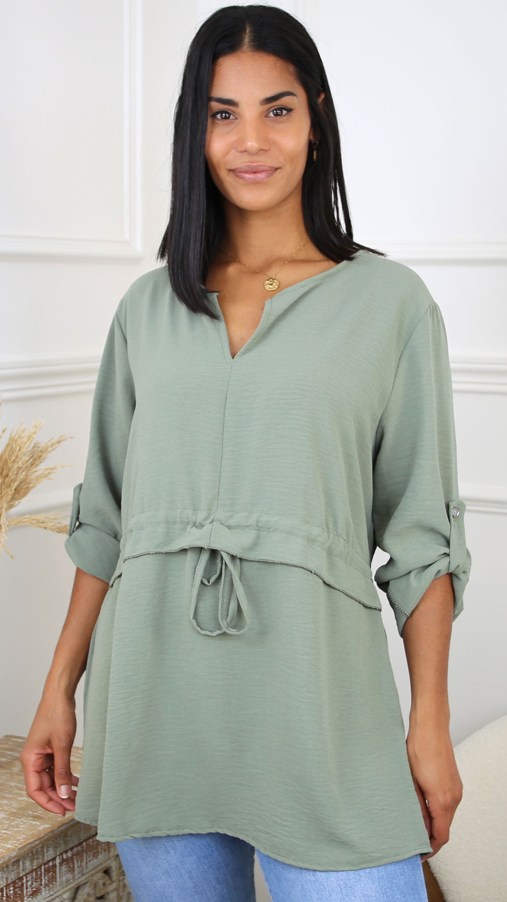 Marjorie Khaki Drawstring Waist Tunic