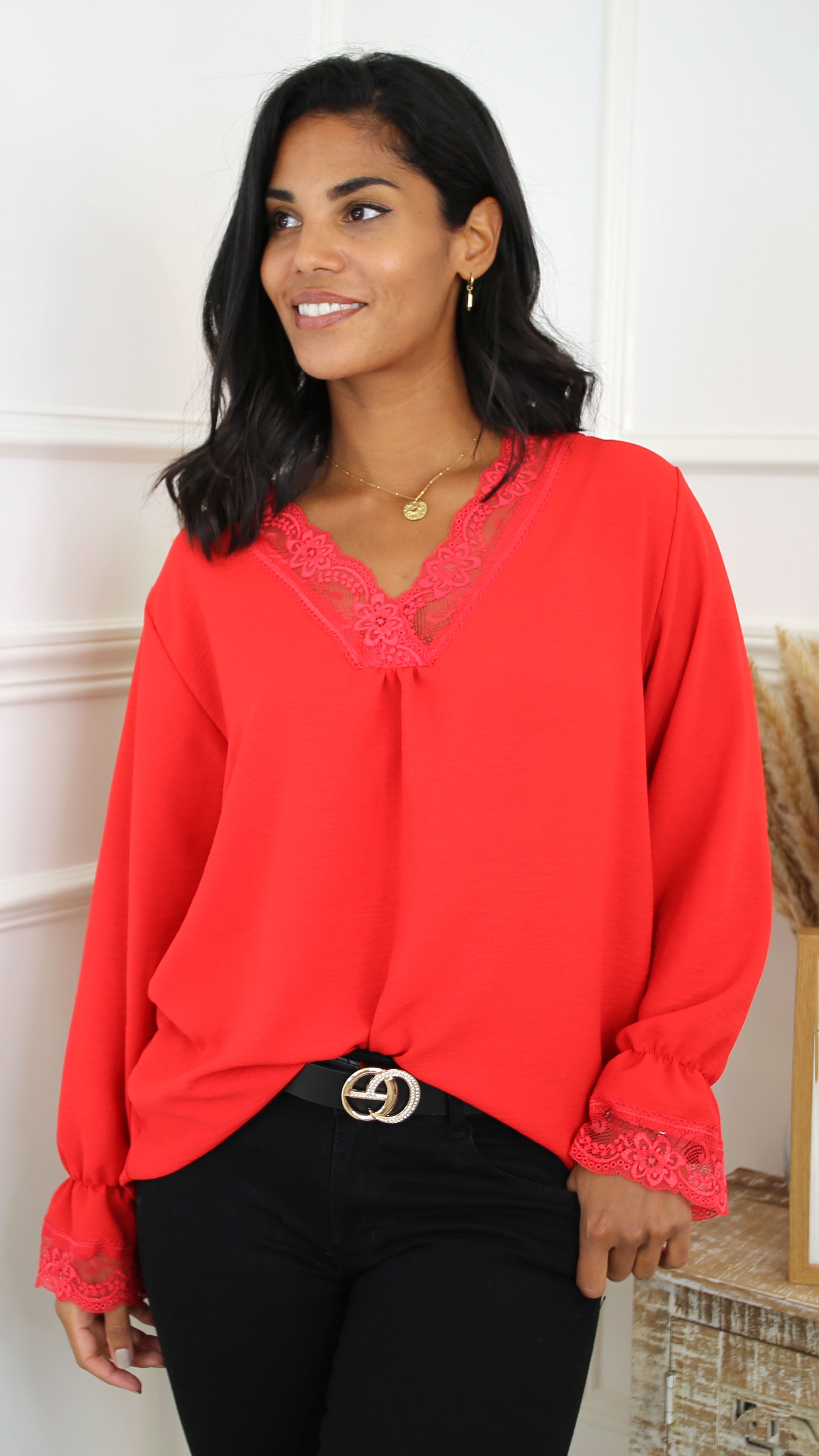 Louise Red Lace Detail Top