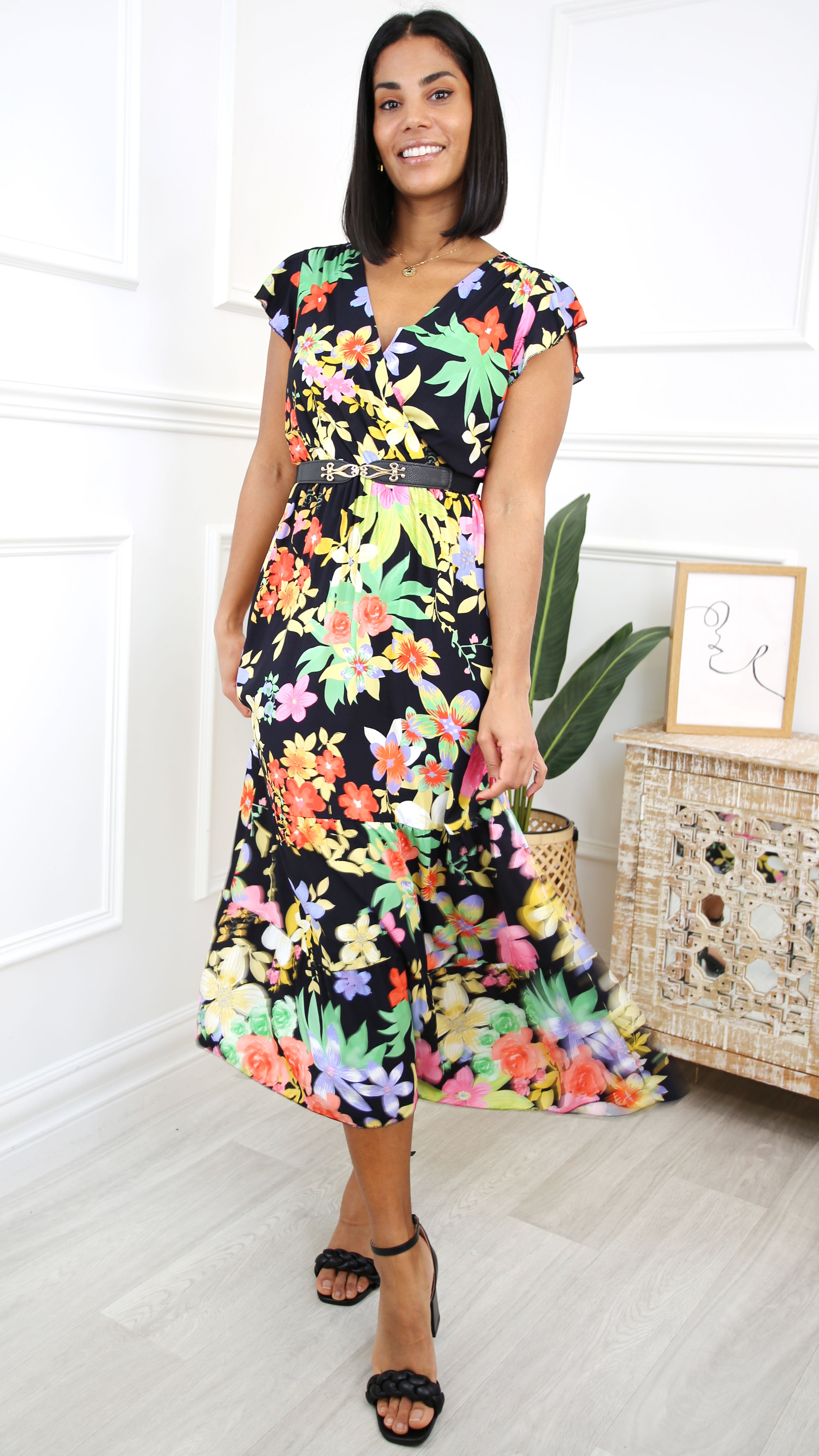Galina Black Floral Wrap Dress