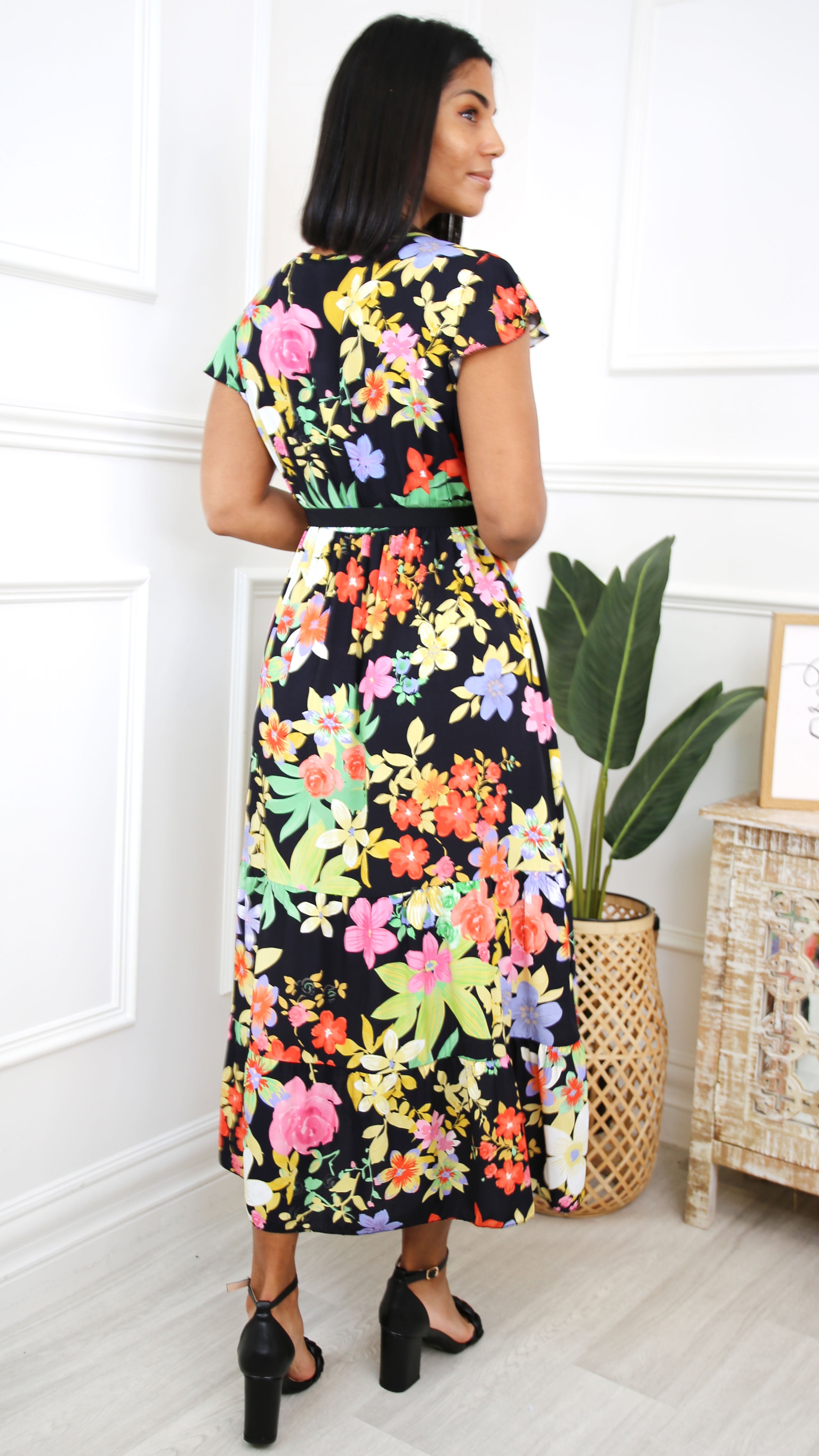 Galina Black Floral Wrap Dress