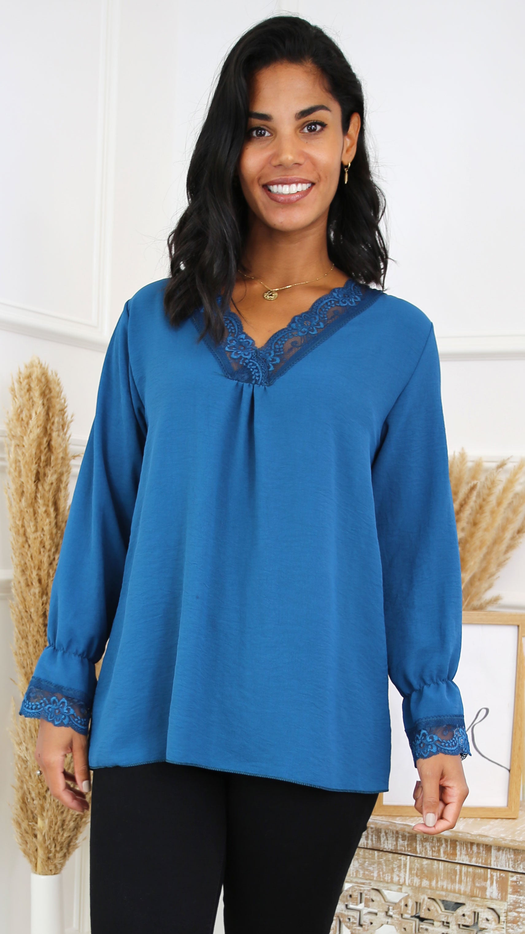 Louise Petrol Blue Lace Detail Top