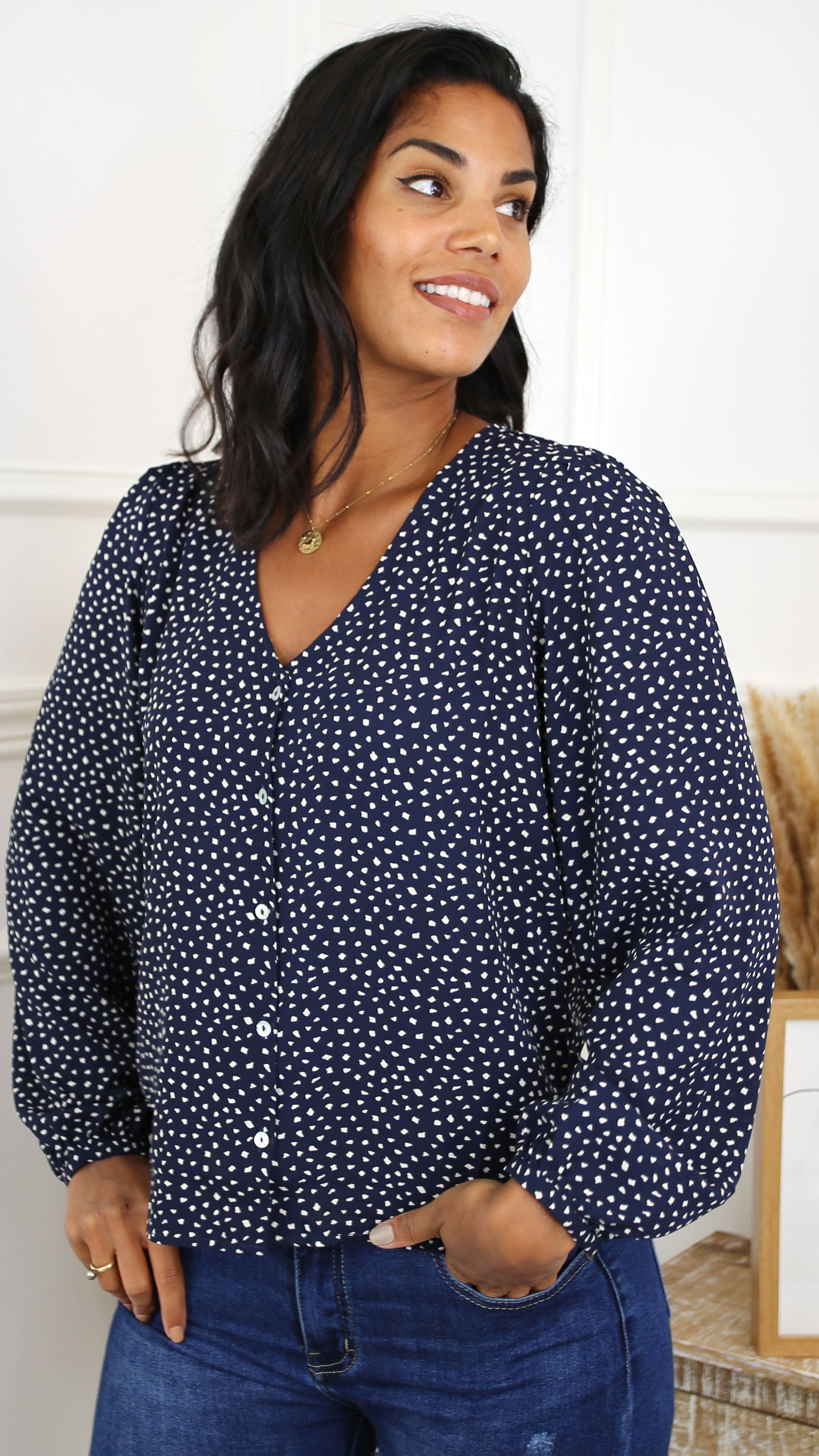 Edith Navy Patterned Blouse