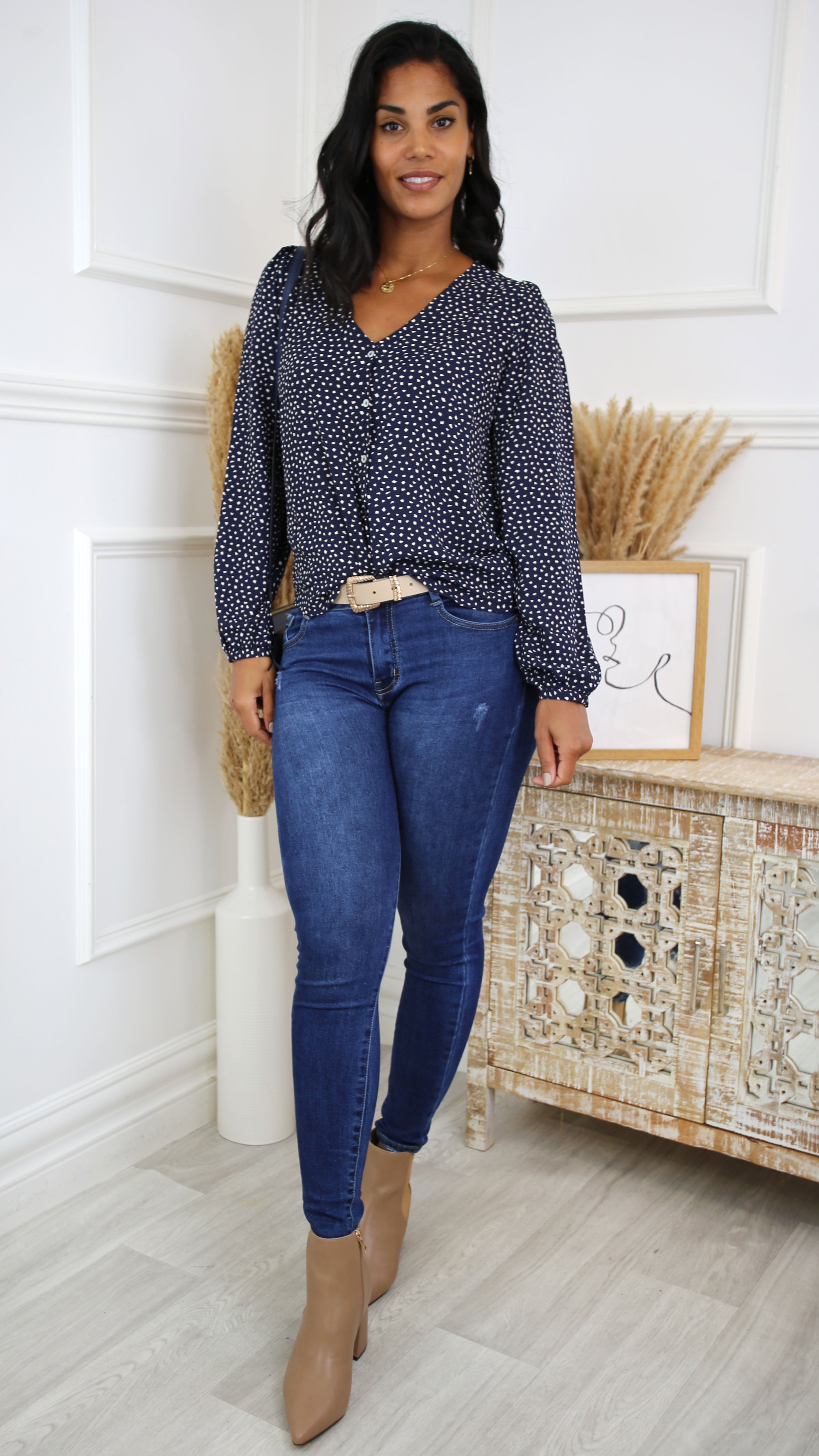 Edith Navy Patterned Blouse