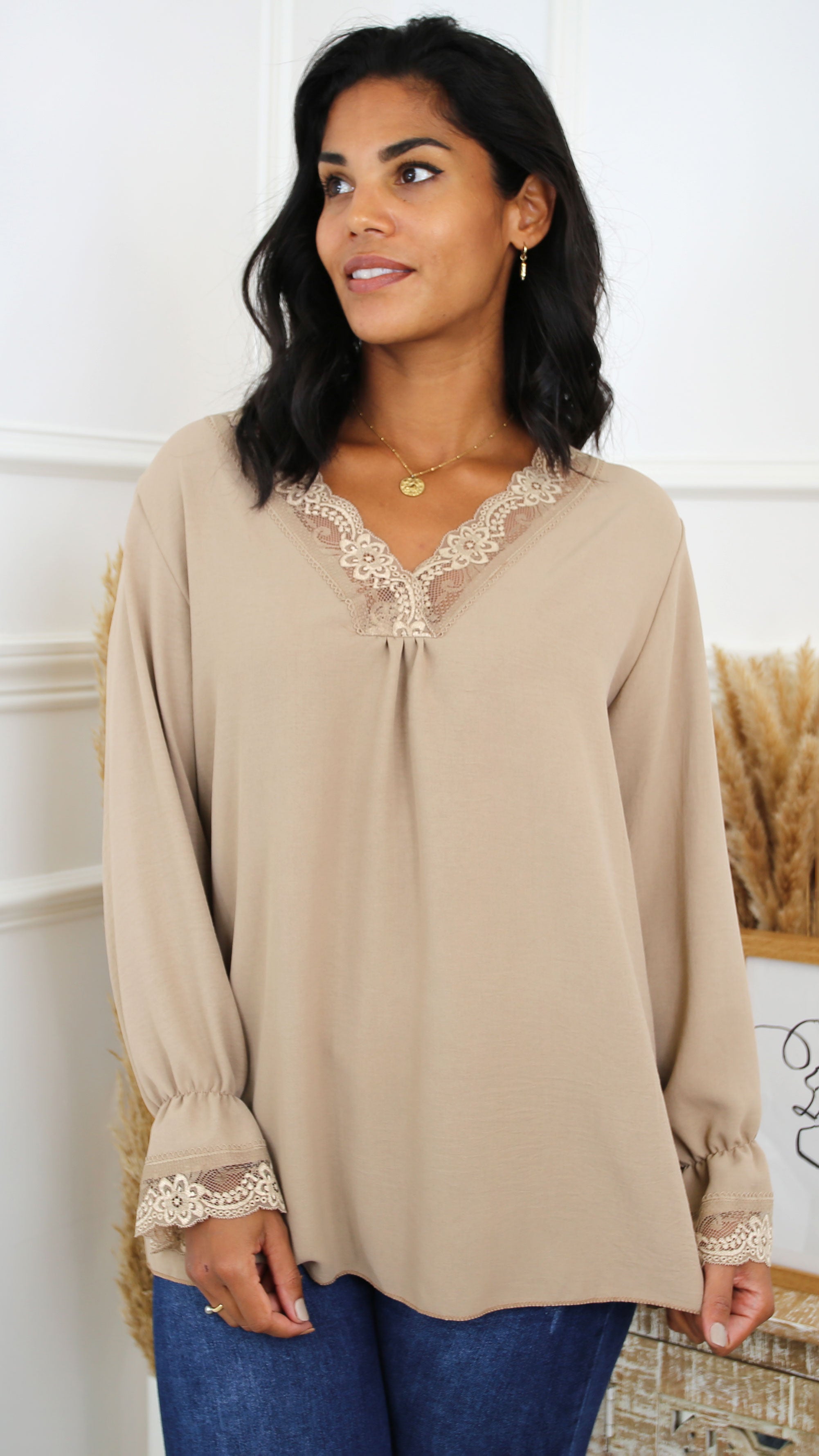 Louise Mocha Lace Detail Top