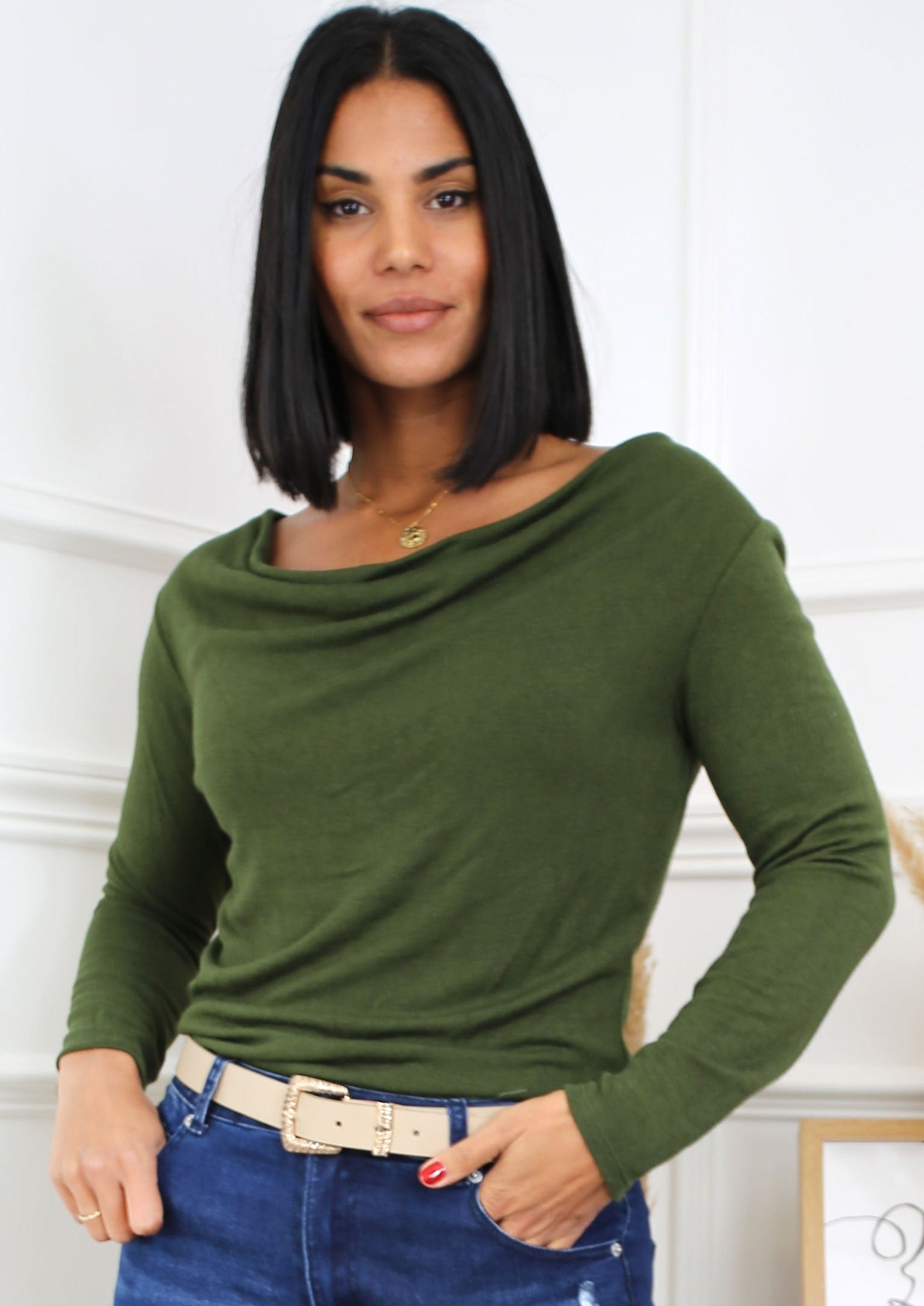 Paula Forest Green Cowl Neck Top