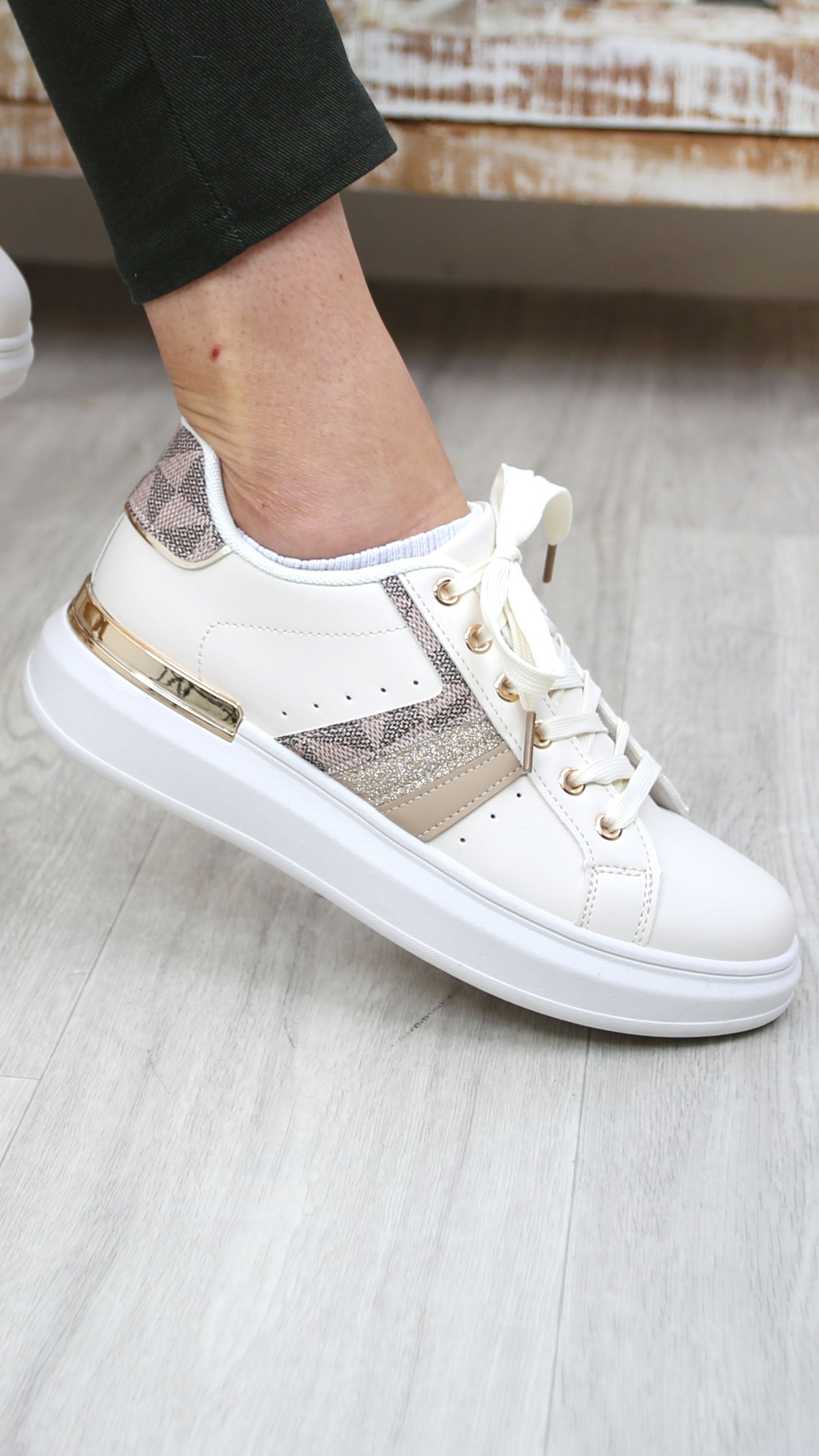 Lucinda Beige Lace Up Trainers
