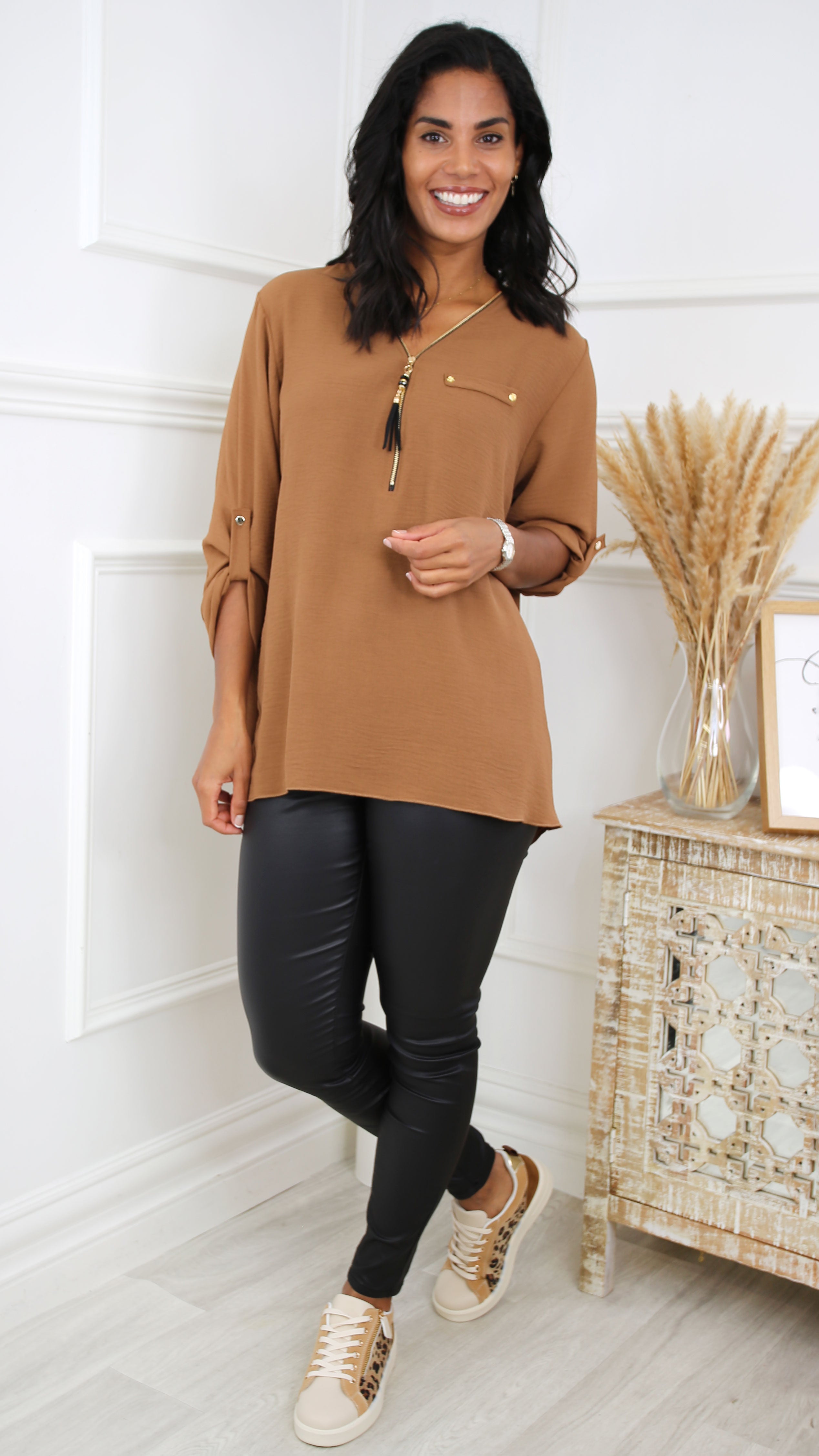 Jocasta Brown Zip Detail Top