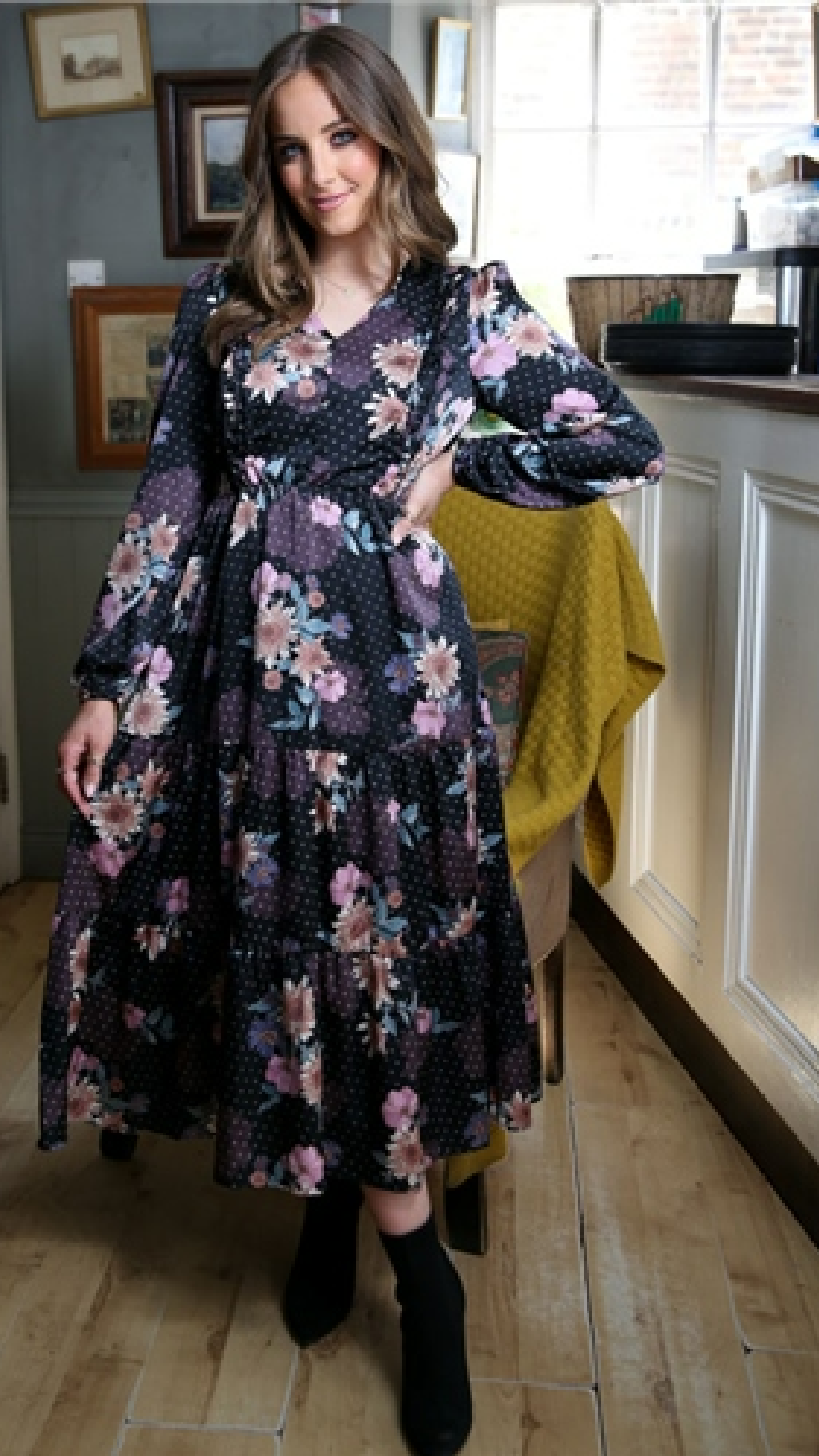 Cathy Black Floral Print Midi Dress