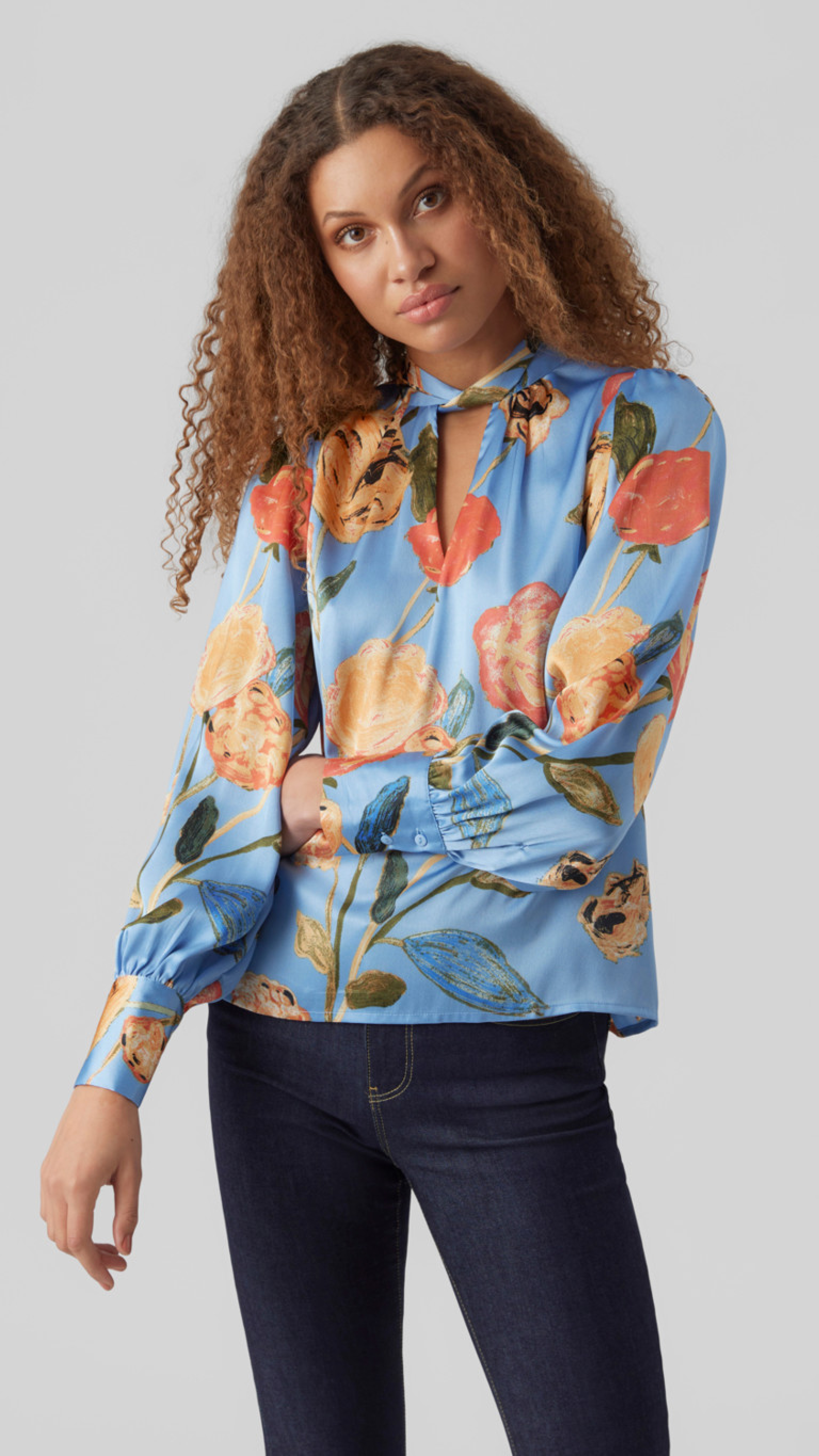 Renee Floral Blue Bow Tie Blouse