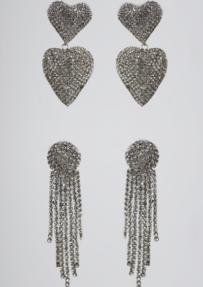 Sarah Silver Diamante Drop And Heart Earrings
