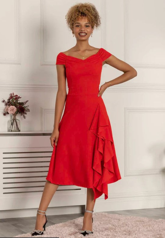 Desiree Red Frill Bardot Midi Dress