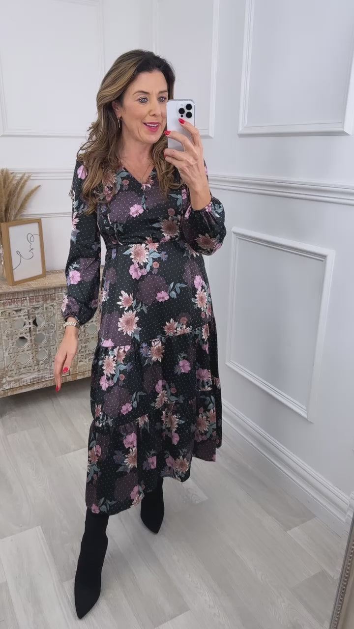 Cathy Black Floral Print Midi Dress