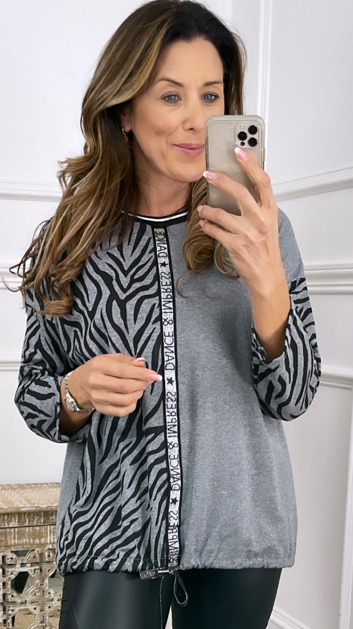 Shonda Charcoal Zebra Print Top