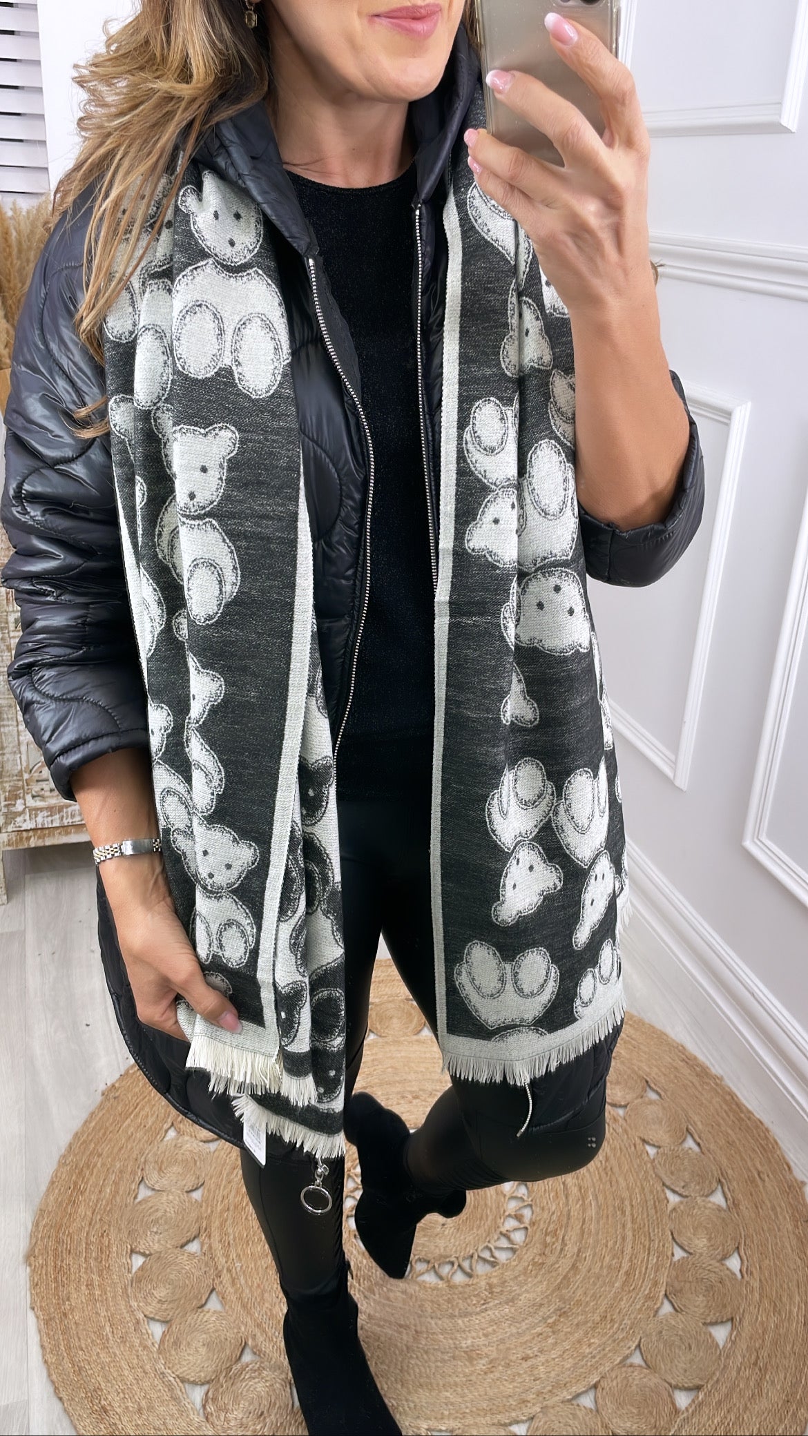 Yoshie Black Teddy Print Scarf