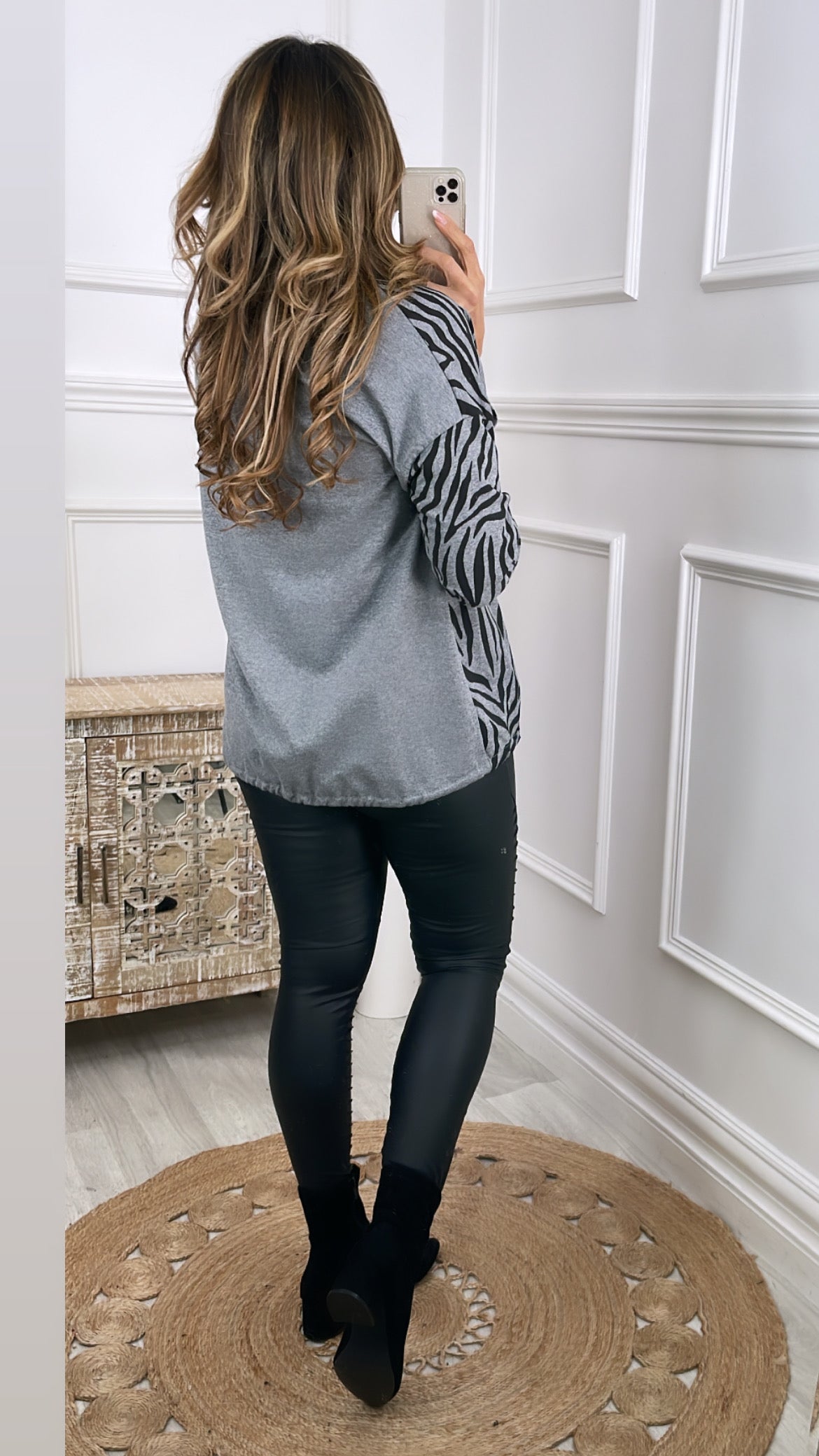 Shonda Charcoal Zebra Print Top